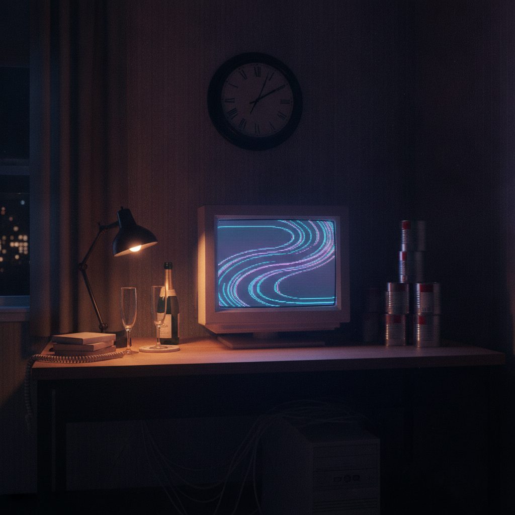 A 1999 New Year's Eve desk with a beige computer, a clock near midnight, and stockpiled cans